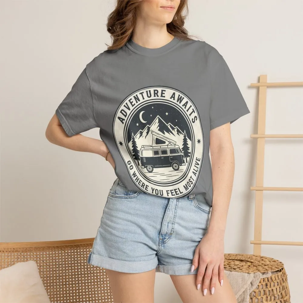 15220838101249616419_2048.jpeg T-Shirt — "Adventure Awaits-Go Where You Feel Most Alive" (Front + Back Printed) Outdoor Travel Tee
