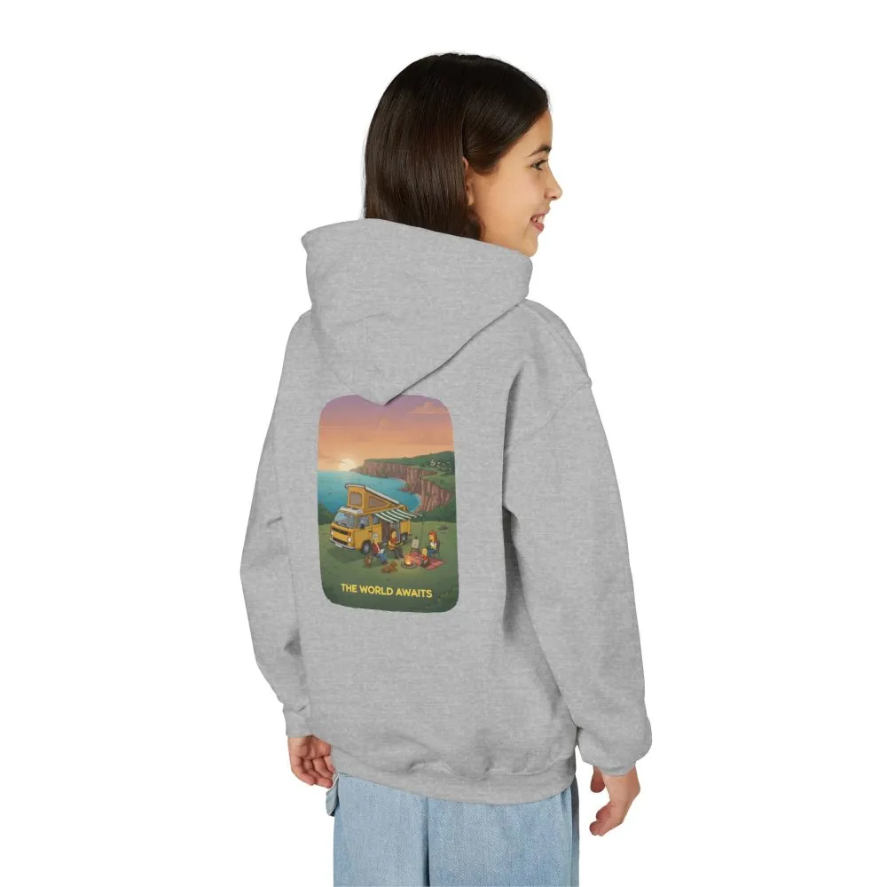 Youth Hoodie(Gildan) – "The World Awaits" (Design Sitcom-Line)