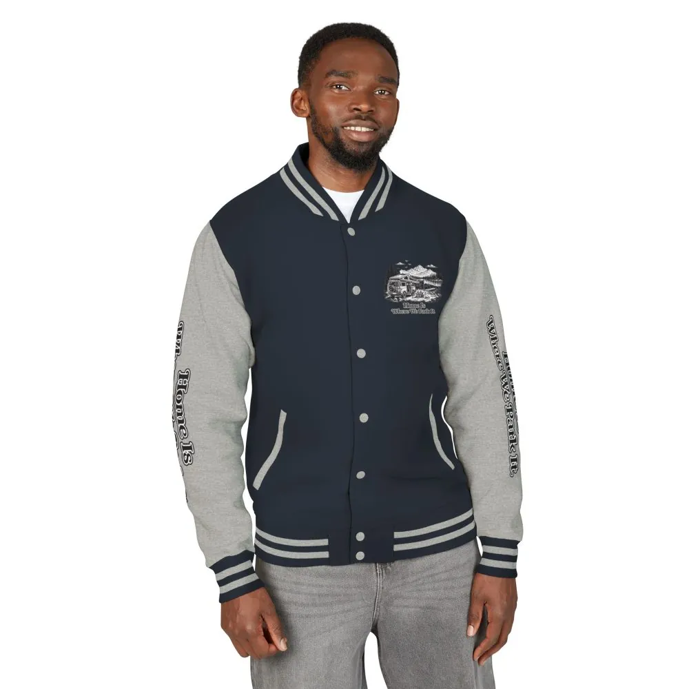 15241899737612070450_2048.jpeg Unisex Heavyweight Letterman Jacket — "Home Is Where You Park It" Travel Varsity Coat