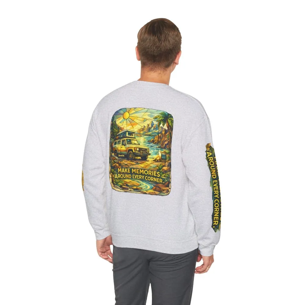 Unisex Heavy Blend™ Crewneck Sweatshirt — "Make Memories Around Every Corner" Design Cubic-Line