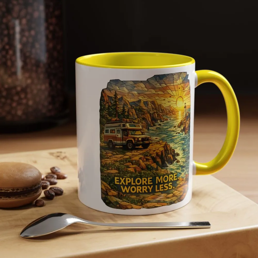 Accent Coffee Mug (11, 15oz) — "Explore More Worry Less" Design Cubic-Line