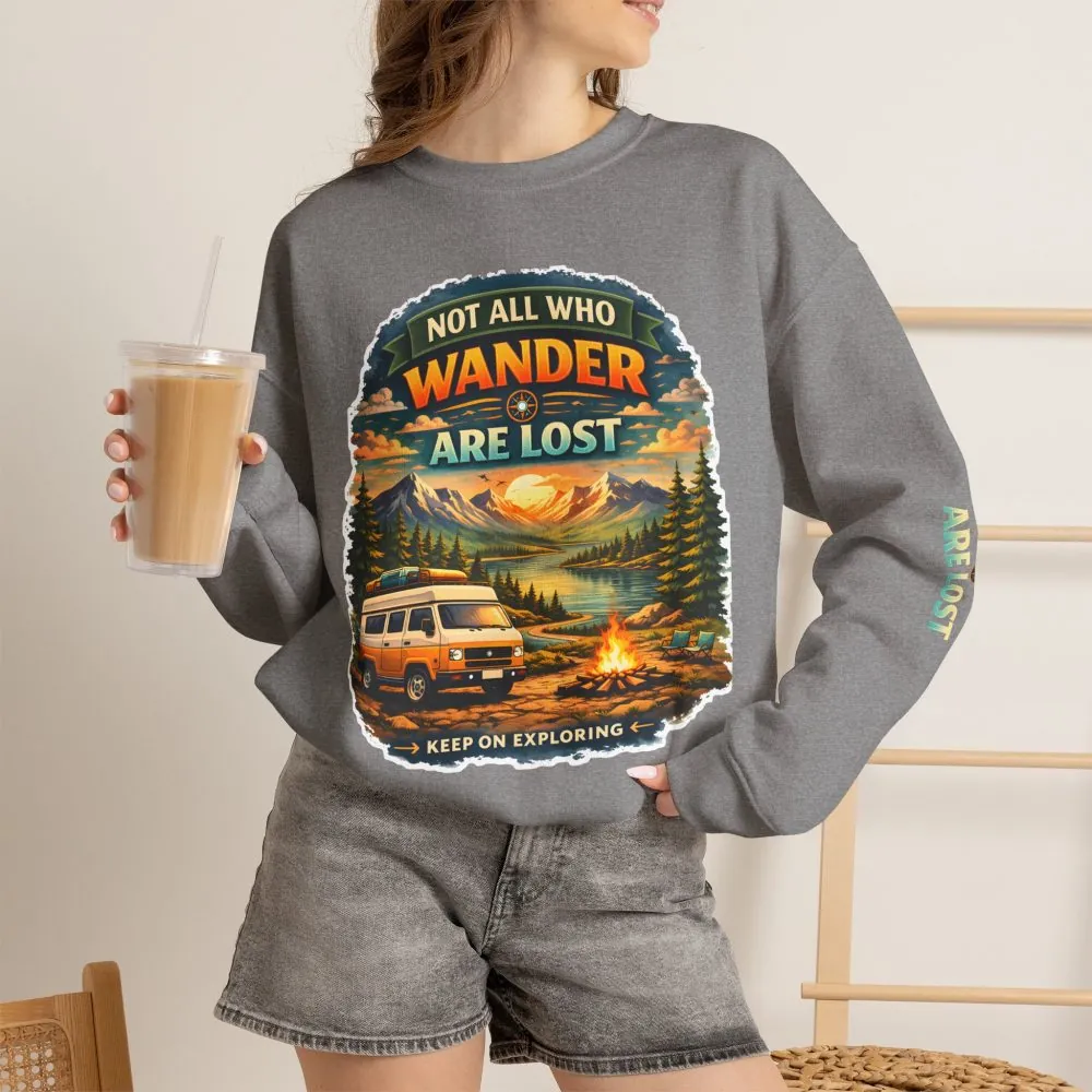 Unisex Heavy Blend™ Crewneck Sweatshirt — "Not All Who Wander Are Lost" Design Scenic-Line