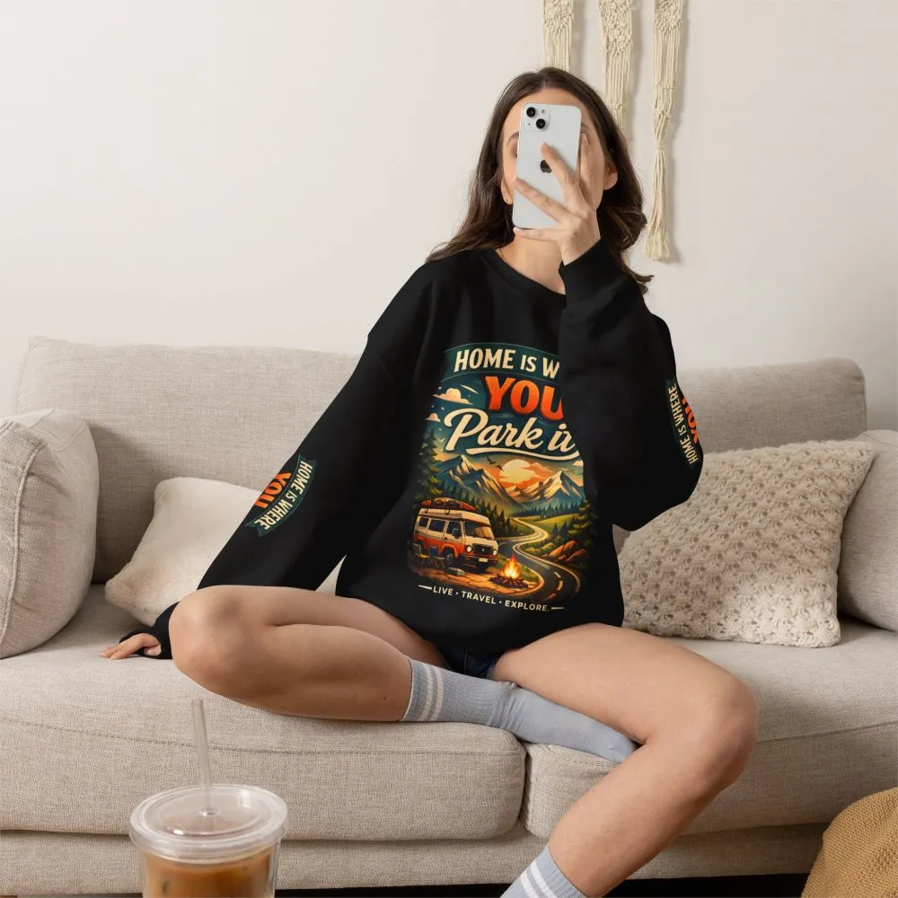 Unisex Heavy Blend™ Crewneck Sweatshirt — "Home Is Where You Park It" Design Scenic-Line