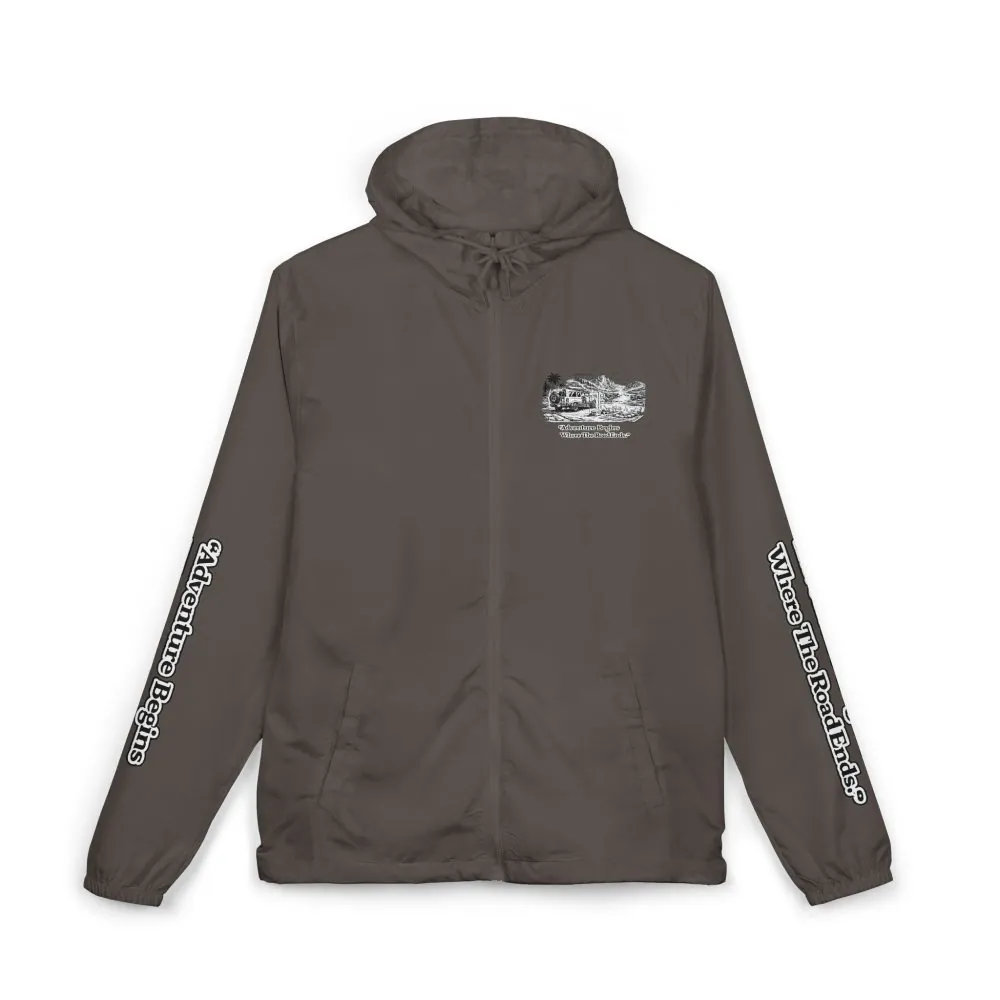 Unisex Full-Zip Windbreaker Jacket — "Adventure Begins Where Roads End" (Design "Minimal-Line")