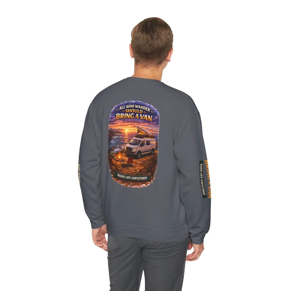 15325304229947195423_2048.jpeg Unisex Heavy Blend™ Crewneck Sweatshirt — "All Who wander Should Bring A Van" Design Scenic-Line