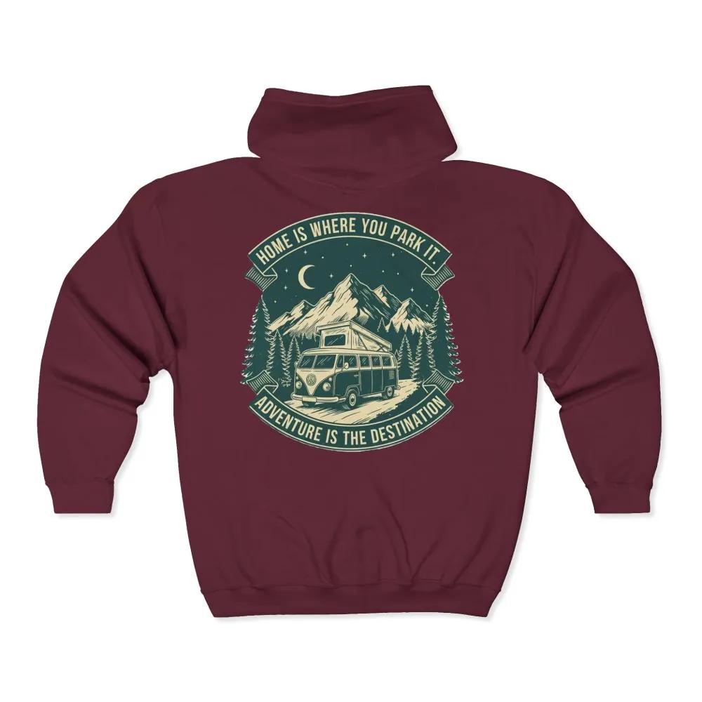 15332683773390845659_2048.jpeg Zip Hoodie — "Home Is Where You Park It-Adventure is the destination"(Only Back Printed) Camper Van Adventure Zip-Up