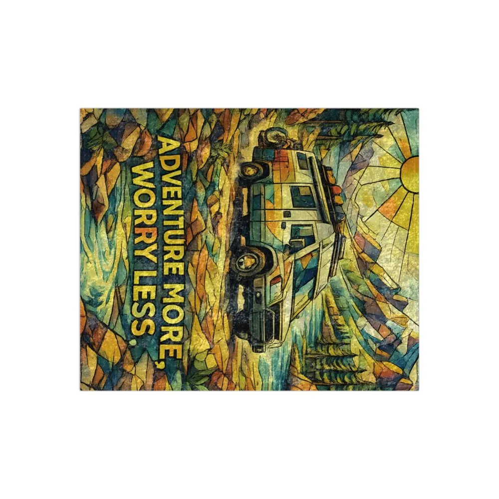 Crushed Velvet Blanket —"Adventure More Worry Less" Design Cubic-Line (Campervan)