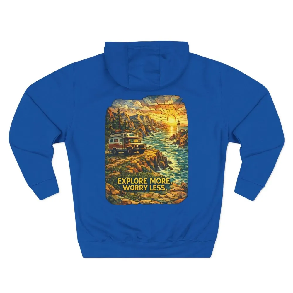 Three-Panel Fleece Hoodie - "Explore More Worry Less" Design Cubic-Line