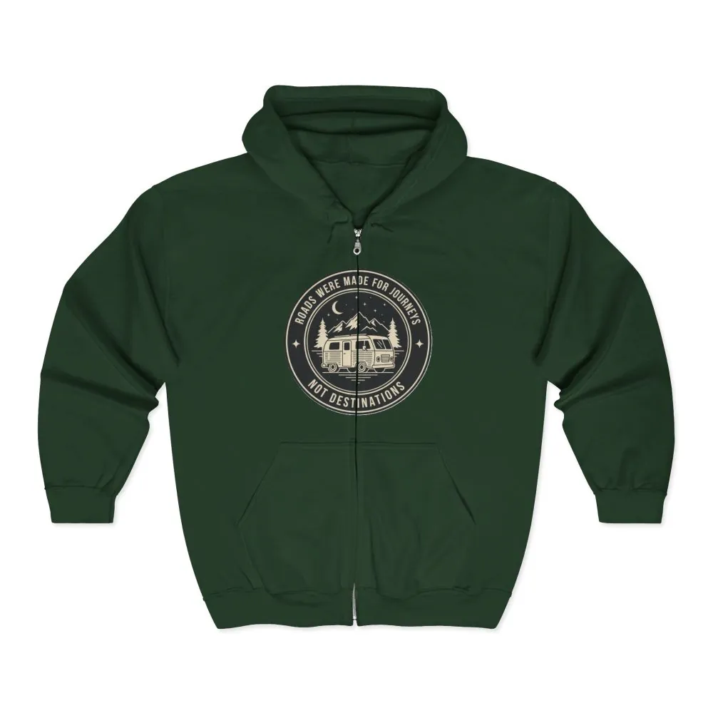 15432335829376471914_2048.jpeg Zip Hoodie — "ROAD WHERE MADE FOR JOURNEYS-NOT DESTINATIONS"(Front + Back Printed) Camper Van Adventure Zip-Up
