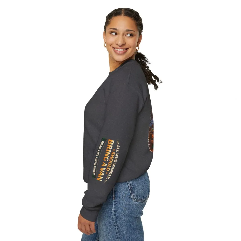 15444018326953808508_2048.jpeg Unisex Heavy Blend™ Crewneck Sweatshirt — "All Who wander Should Bring A Van" Design Scenic-Line