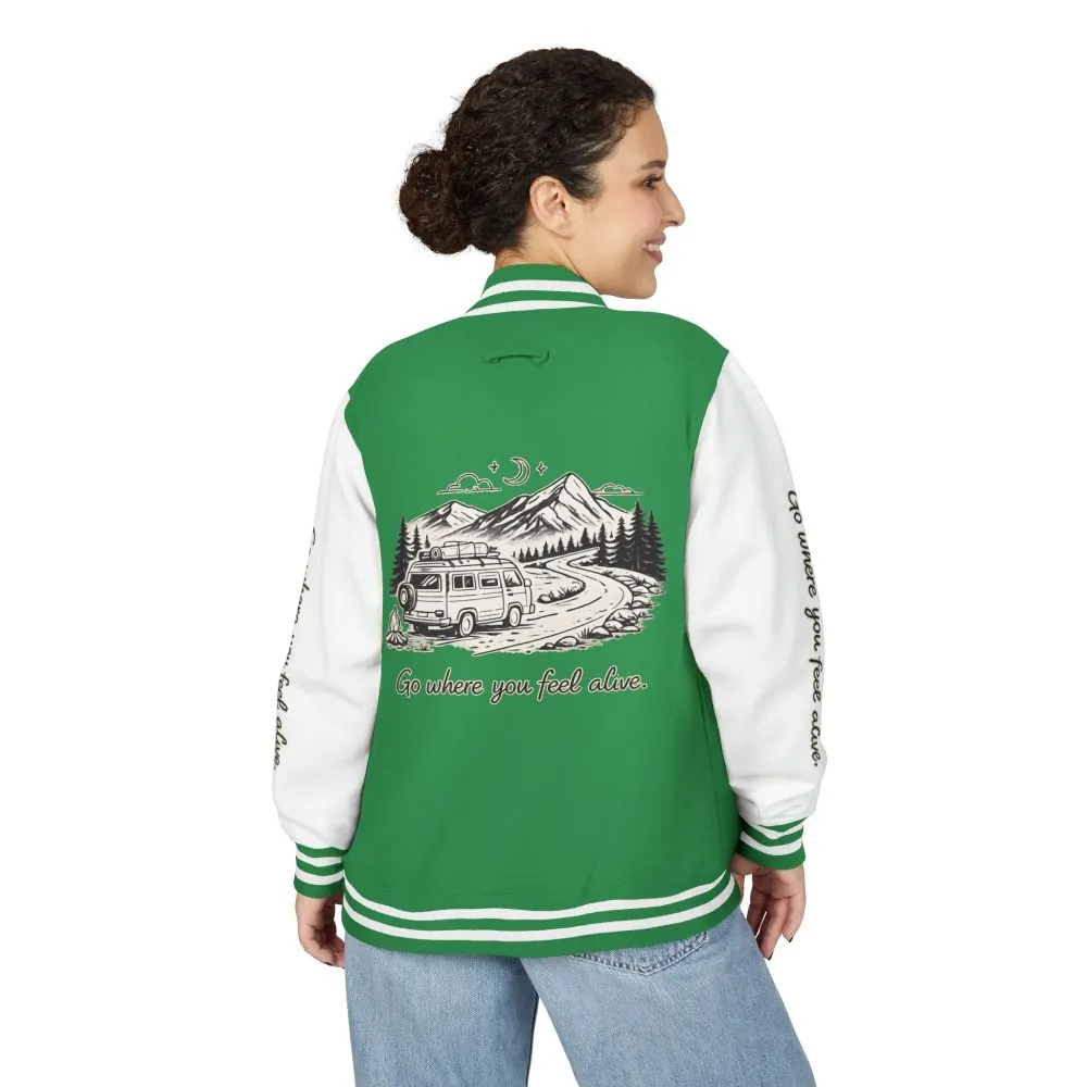 15449865153555913124_2048.jpeg Unisex Heavyweight Letterman Jacket — "Go Where You Feel Alive" Travel Varsity Coat