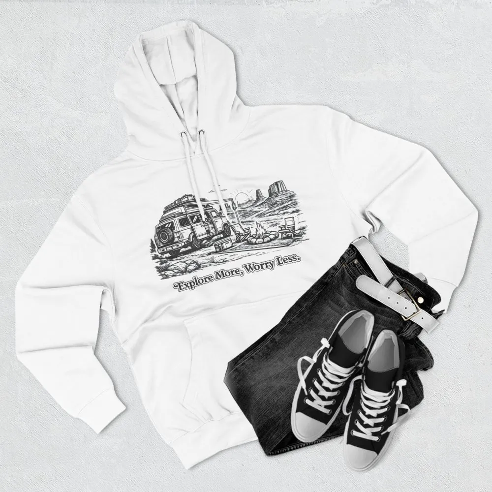 Three-Panel Fleece Hoodie - "Explore More Worry Less" Design Minimal-Line