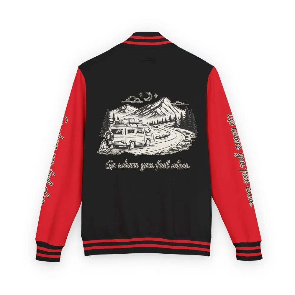 1545484796886632844_2048.jpeg Unisex Heavyweight Letterman Jacket — "Go Where You Feel Alive" Travel Varsity Coat