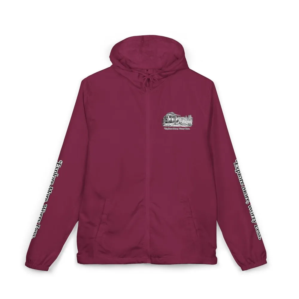 Unisex Full-Zip Windbreaker Jacket — "Explore More, Worry Less" (Design "Minimal-Line")