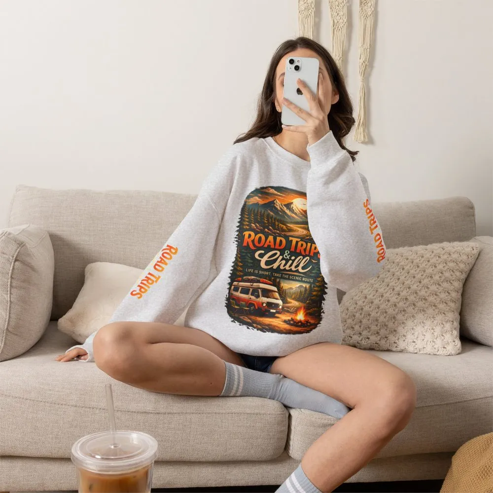 Unisex Heavy Blend™ Crewneck Sweatshirt — "Road Trips & Chill" Design Scenic-Line