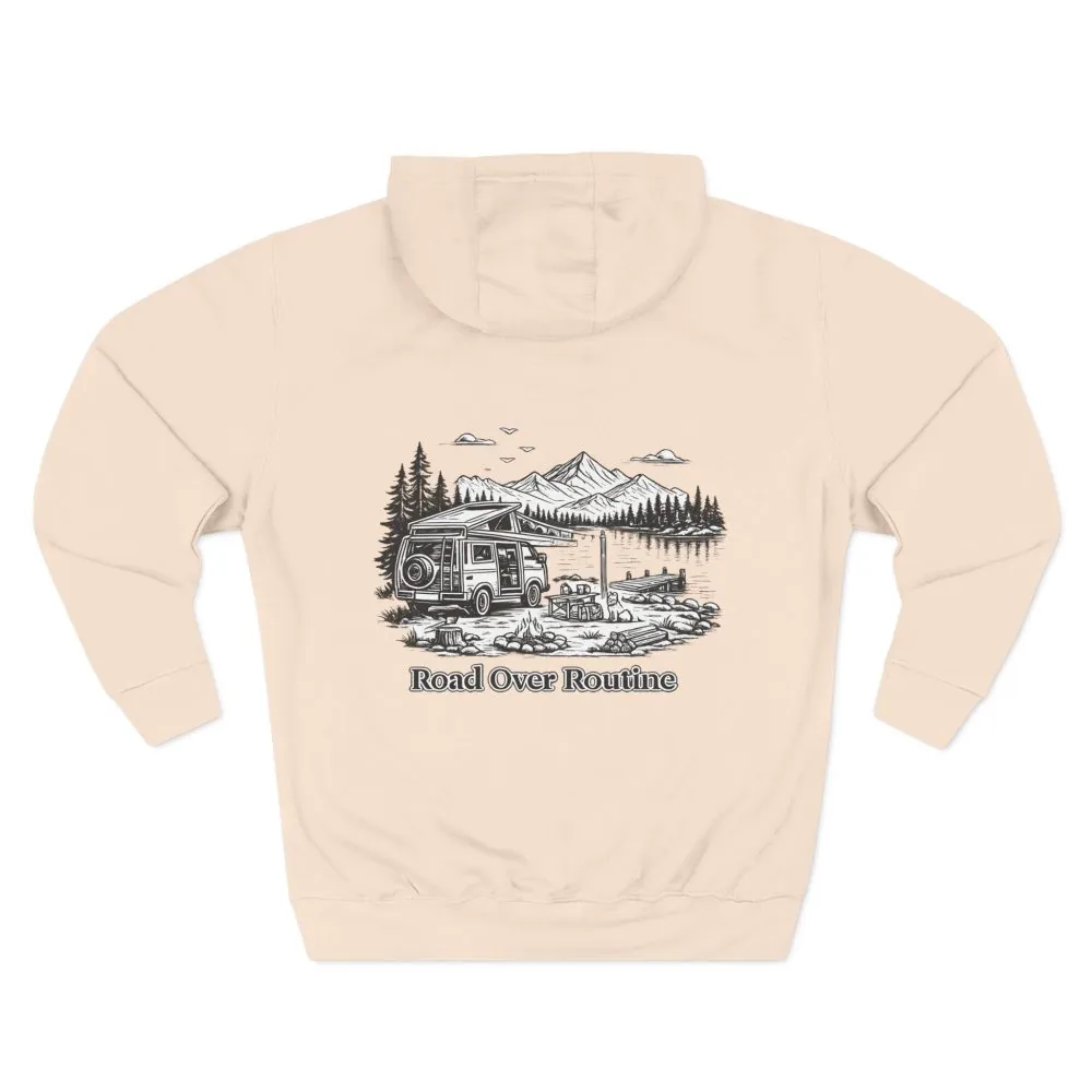 Three-Panel Fleece Hoodie - "Road Over Routine" Design Minimal-Line