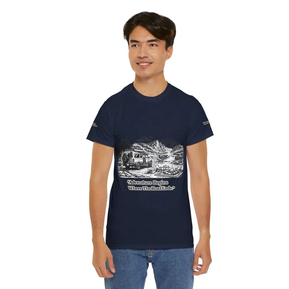 15545370348333304465_2048.jpeg Unisex Heavy Cotton Tee — "Adventure Begins Where The Road Ends" Design Minimal-Line