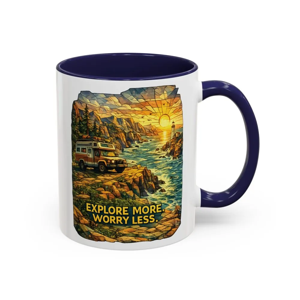 Accent Coffee Mug (11, 15oz) — "Explore More Worry Less" Design Cubic-Line