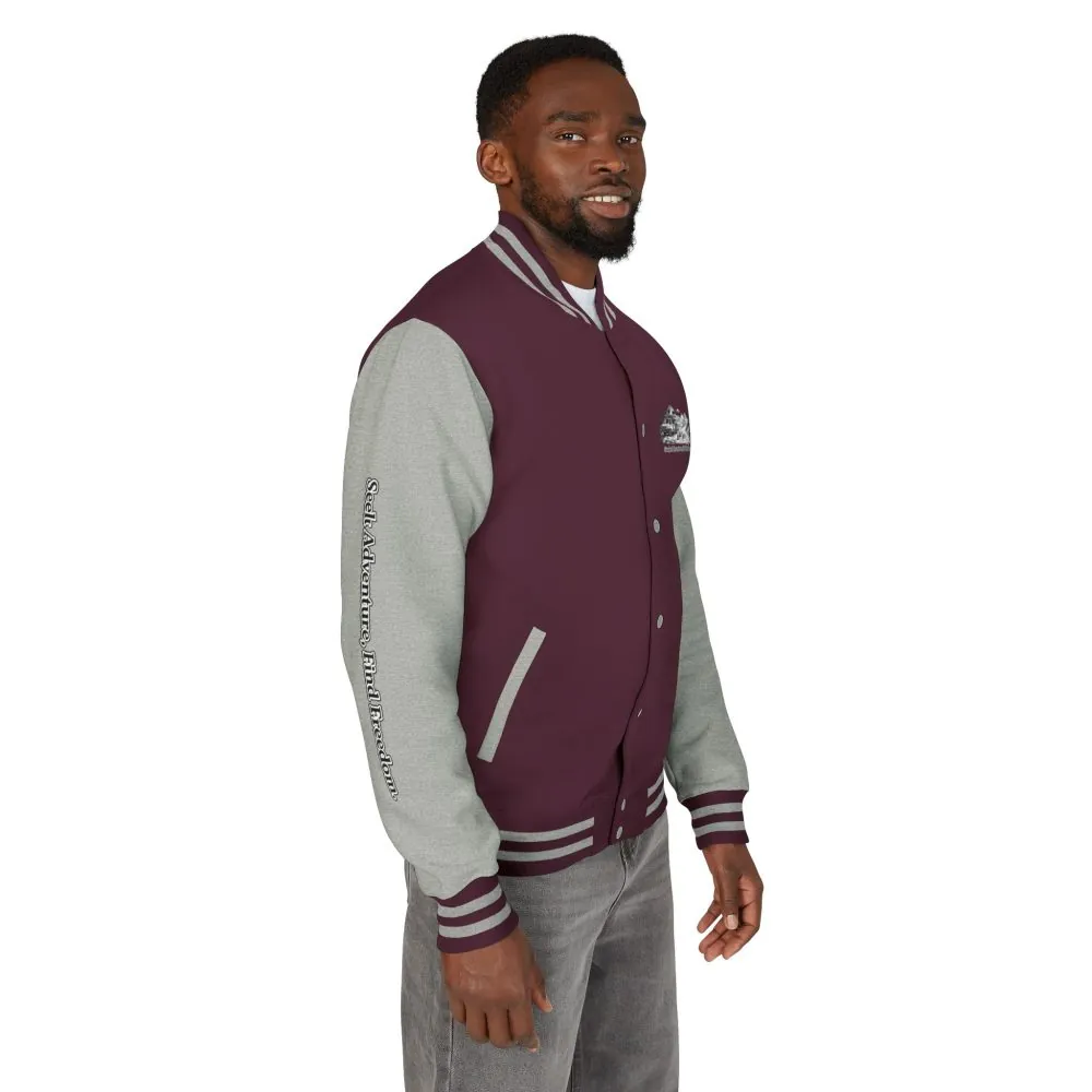 Unisex Heavyweight Letterman Jacket — "Seek Adventure, Find Freedom" Travel Varsity Coat
