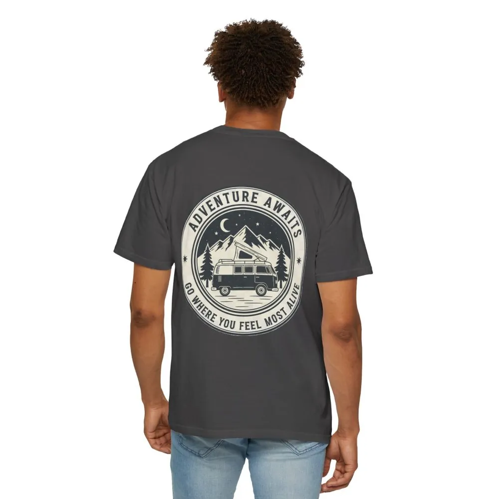 15615790744476020284_2048.jpeg T-Shirt — "Adventure Awaits-Go Where You Feel Most Alive" (Front + Back Printed) Outdoor Travel Tee