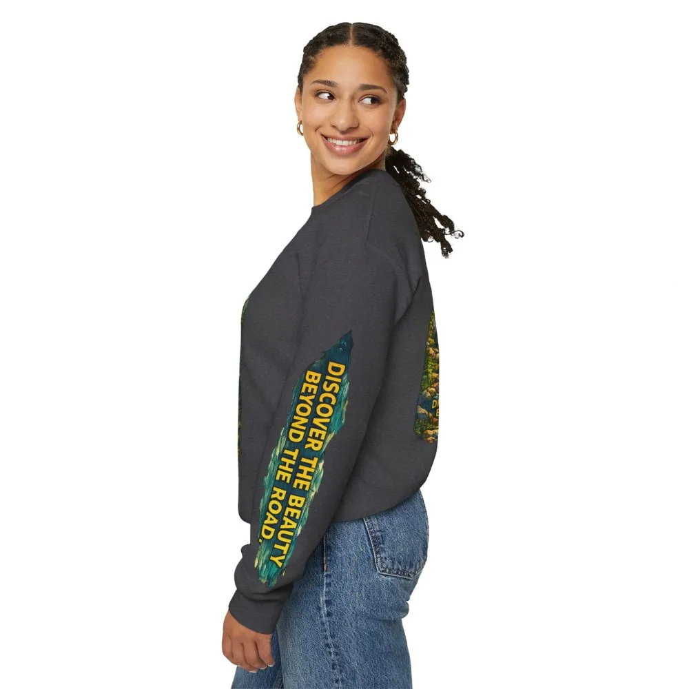 Unisex Heavy Blend™ Crewneck Sweatshirt — "Discover The Bieuty Beyond The Road" Design Cubic-Line