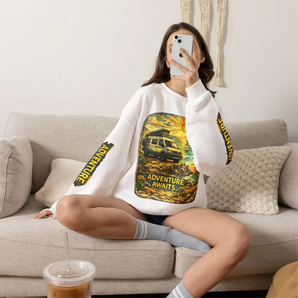Unisex Heavy Blend™ Crewneck Sweatshirt — "Adventure Awaits" Design Cubic-Line