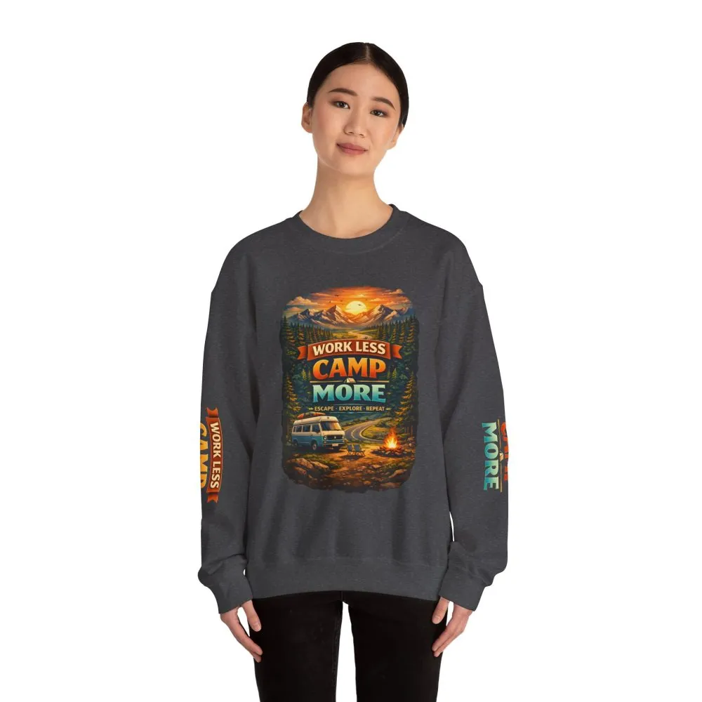 15645049602679672086_2048.jpeg Unisex Heavy Blend™ Crewneck Sweatshirt — "Work Less-Camp More" Design Scenic-Line