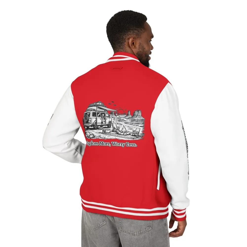 15646047955960283934_2048.jpeg Unisex Heavyweight Letterman Jacket — "Explore More Worry Less" Travel Varsity Coat
