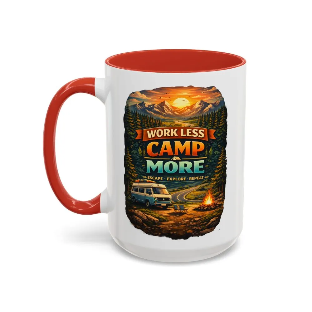 Accent Coffee Mug (11, 15oz) — "Work Less-Camp More" Design Scenic-Line