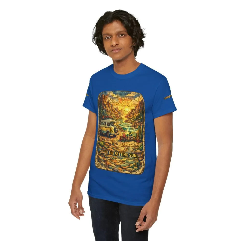 15732668117368013224_2048.jpeg Unisex Heavy Cotton Tee — "Chase The Settings Sun" Design Cubic-Line