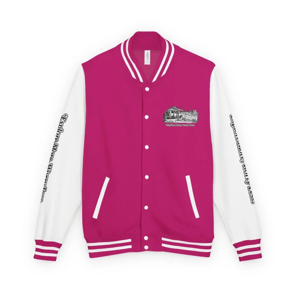 15754058155771687809_2048.jpeg Unisex Heavyweight Letterman Jacket — "Explore More Worry Less" Travel Varsity Coat