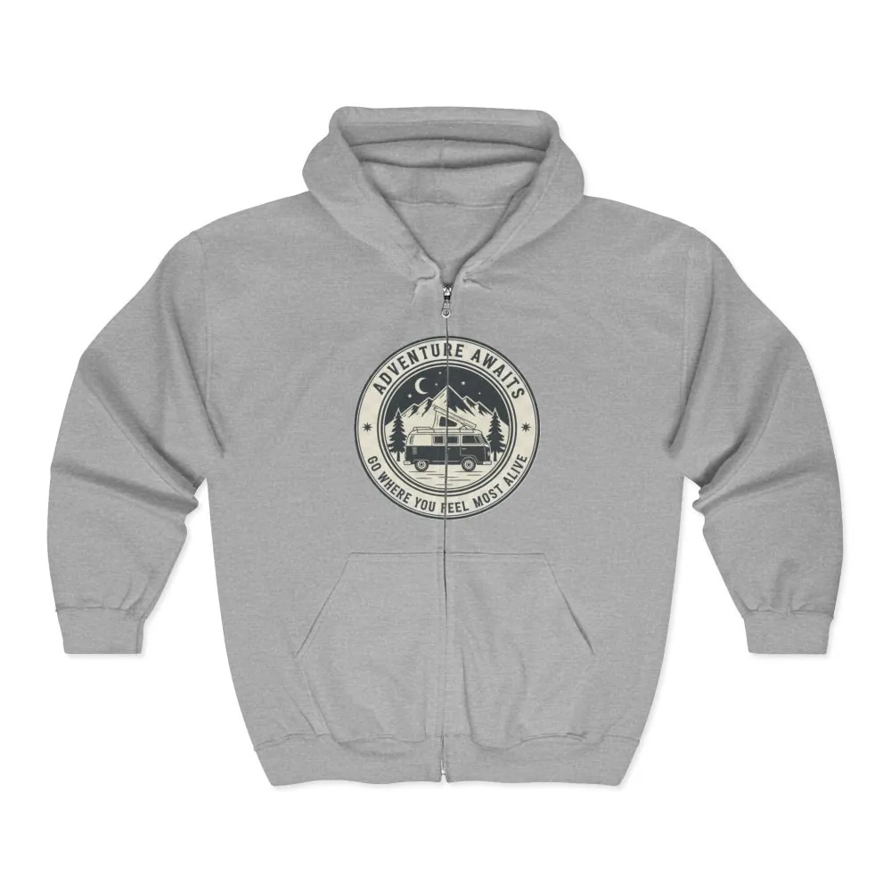 15768743528359266133_2048.jpeg Zip Hoodie — "Adventure Awaits-Go Where You Feel Most Alive" (Only Front Printed) Camper Van Adventure Zip-Up