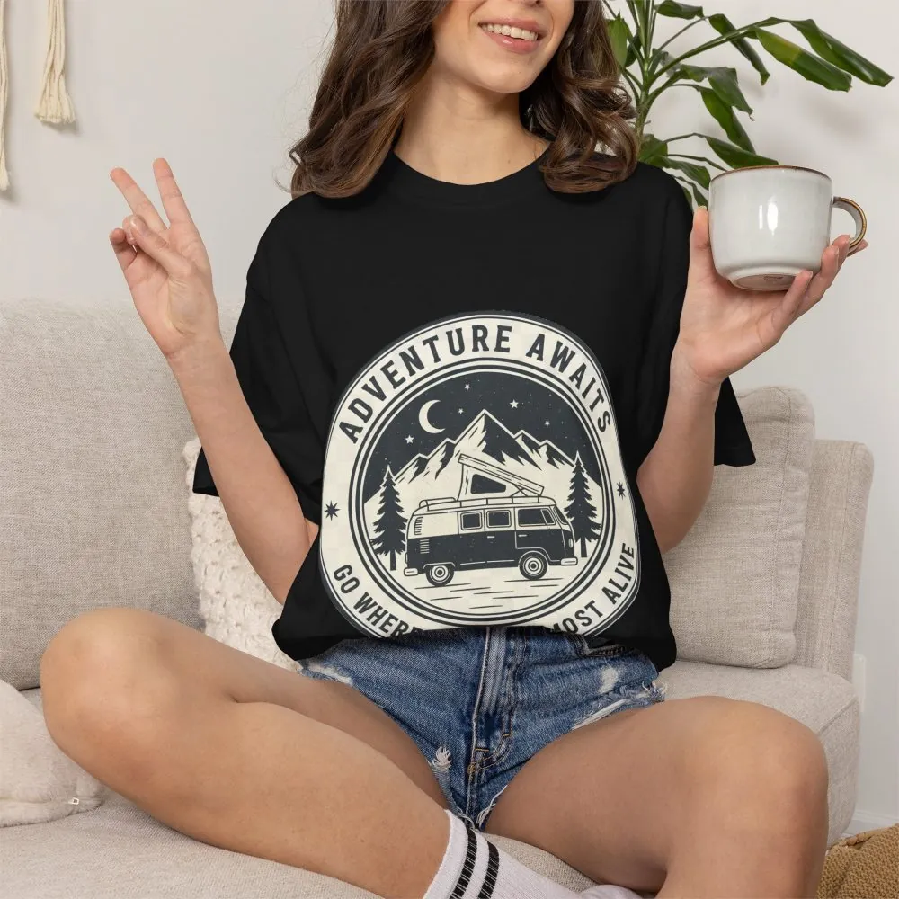 15769345961033543759_2048.jpeg T-Shirt — "Adventure Awaits-Go Where You Feel Most Alive" (Only Front Printed) Outdoor Travel Tee