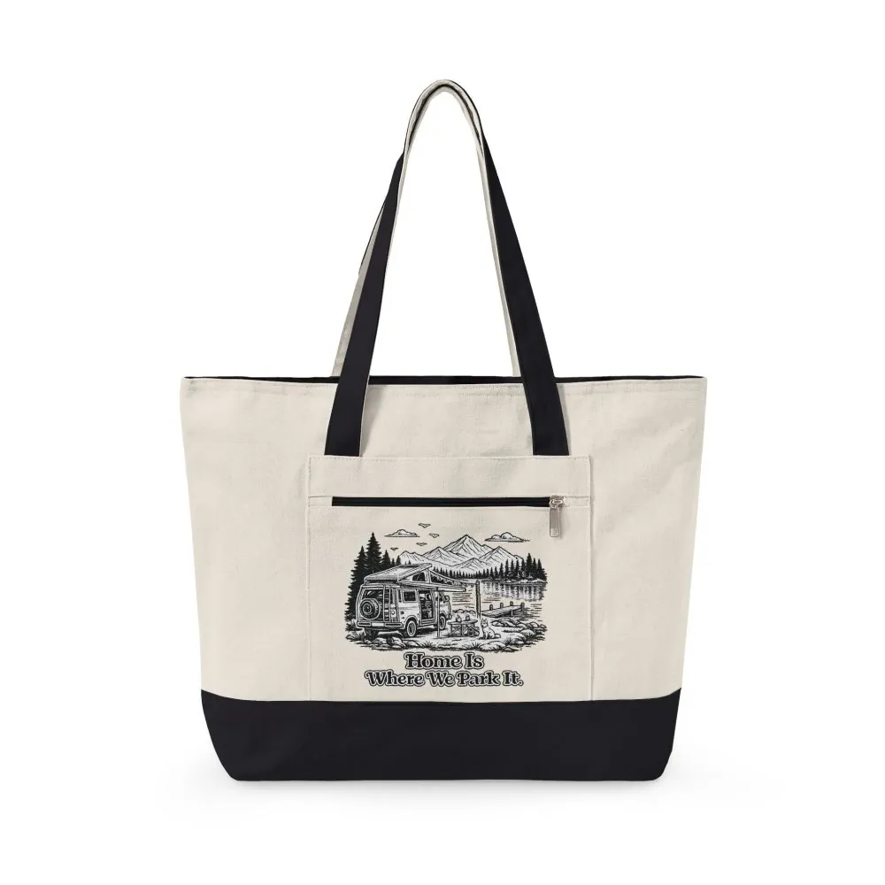Zippered Canvas Tote — "Home Is Where You Park It" (Design Minimal-Line)