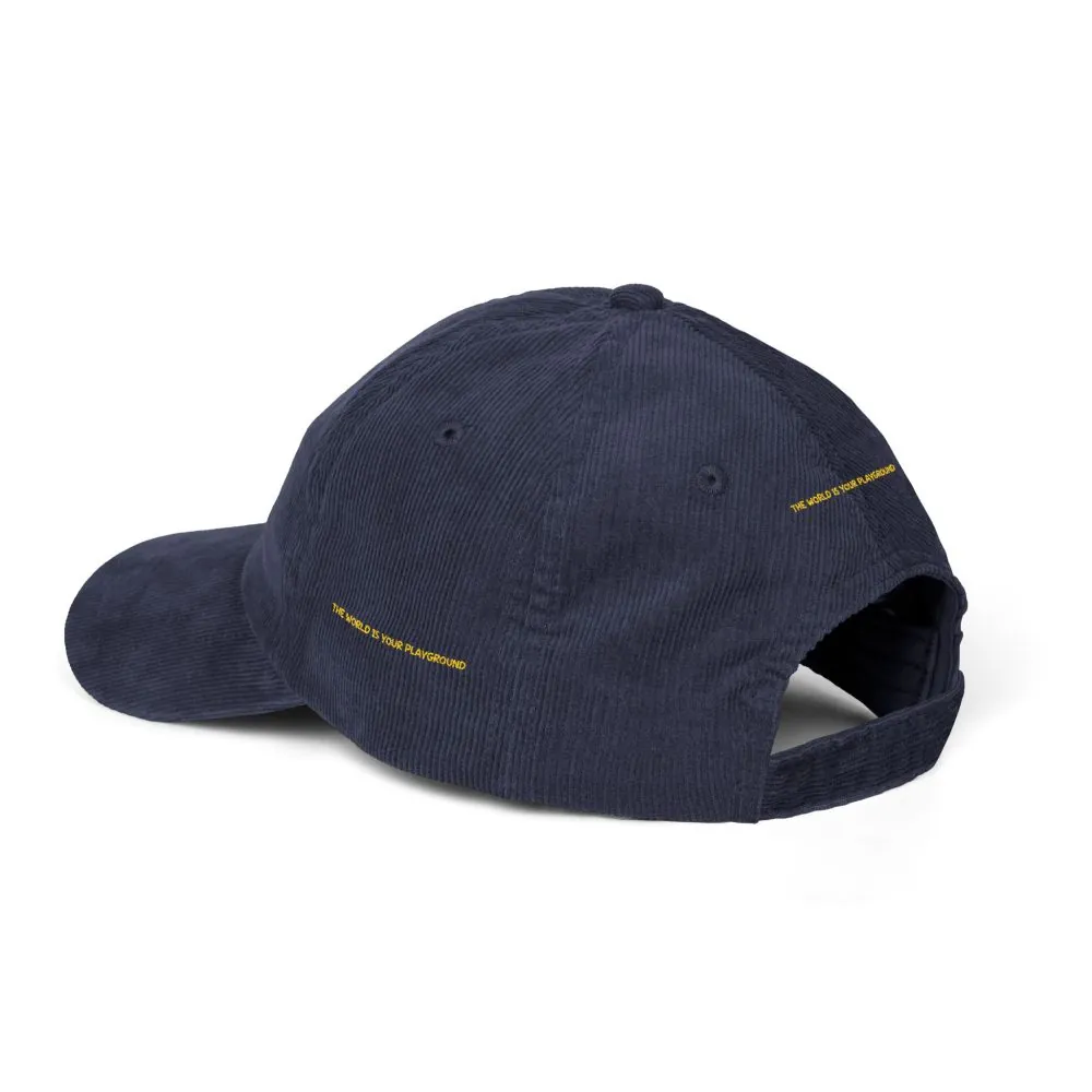 Vintage Corduroy Cap (Embroidery) — "The World Is Your Playground" Embroidered Hat