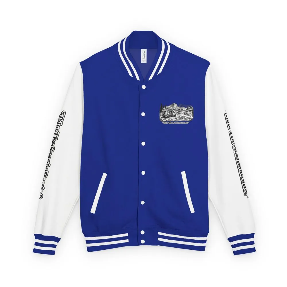 15874554874314992631_2048.jpeg Unisex Heavyweight Letterman Jacket — "Take The Scenic Route" Travel Varsity Coat