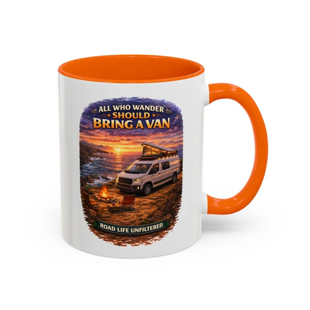 Accent Coffee Mug (11, 15oz) — "All Who wander Should Bring A Van" Design Scenic-Line
