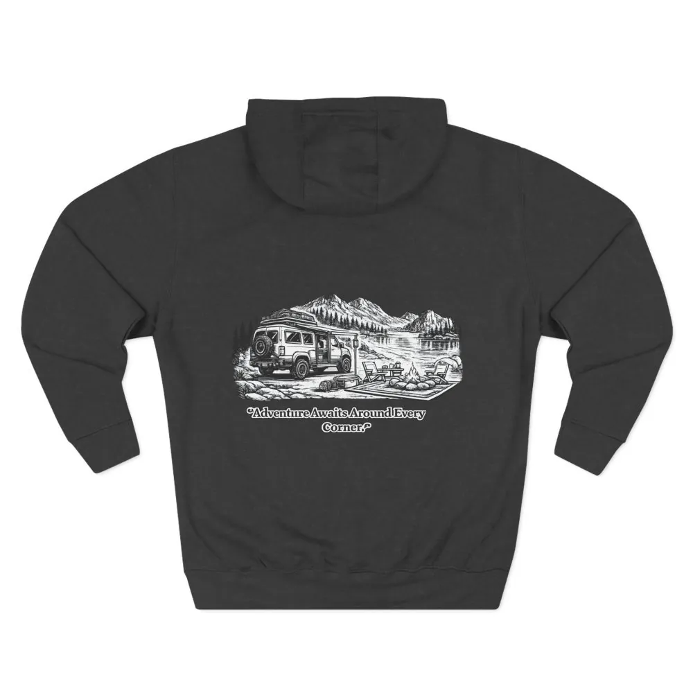 15912305659390867652_2048.jpeg Three-Panel Fleece Hoodie - "Adventure Awaits Around Every Corner" Design Minimal-Line