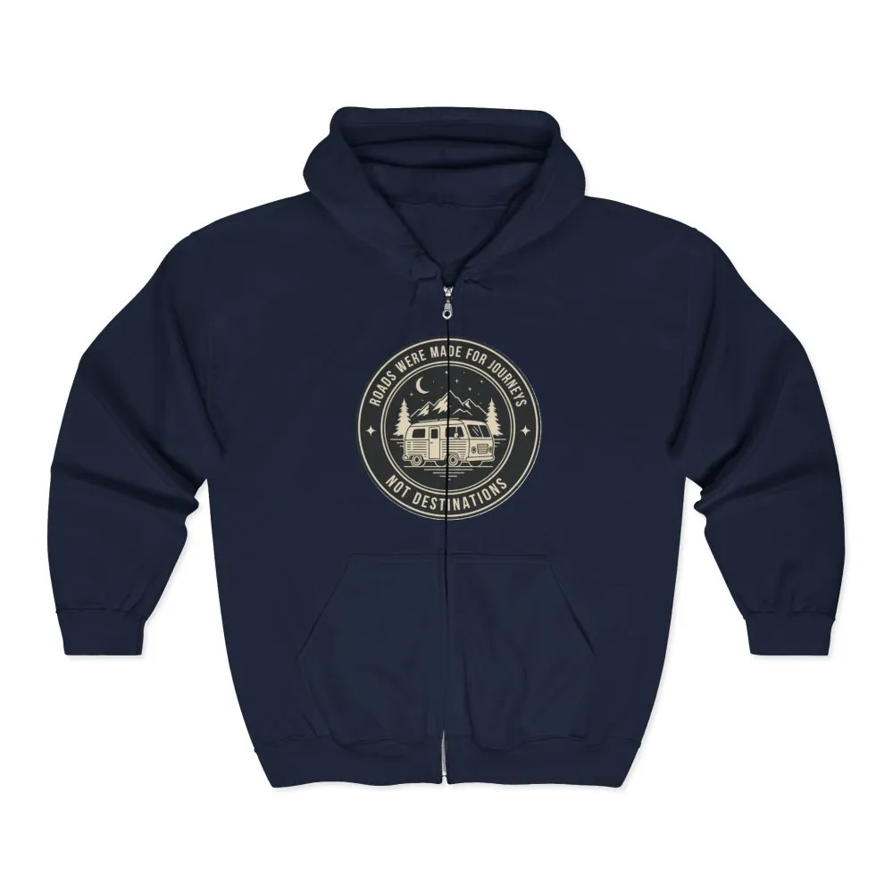 15915994556372032361_2048.jpeg Zip Hoodie — "ROAD WHERE MADE FOR JOURNEYS-NOT DESTINATIONS"(Front + Back Printed) Camper Van Adventure Zip-Up