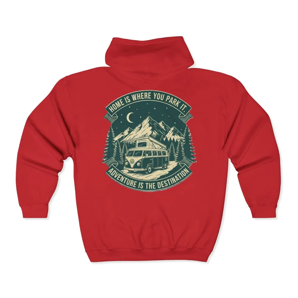 15916511311285218464_2048.jpeg Zip Hoodie — "Home Is Where You Park It-Adventure is the destination"(Only Back Printed) Camper Van Adventure Zip-Up