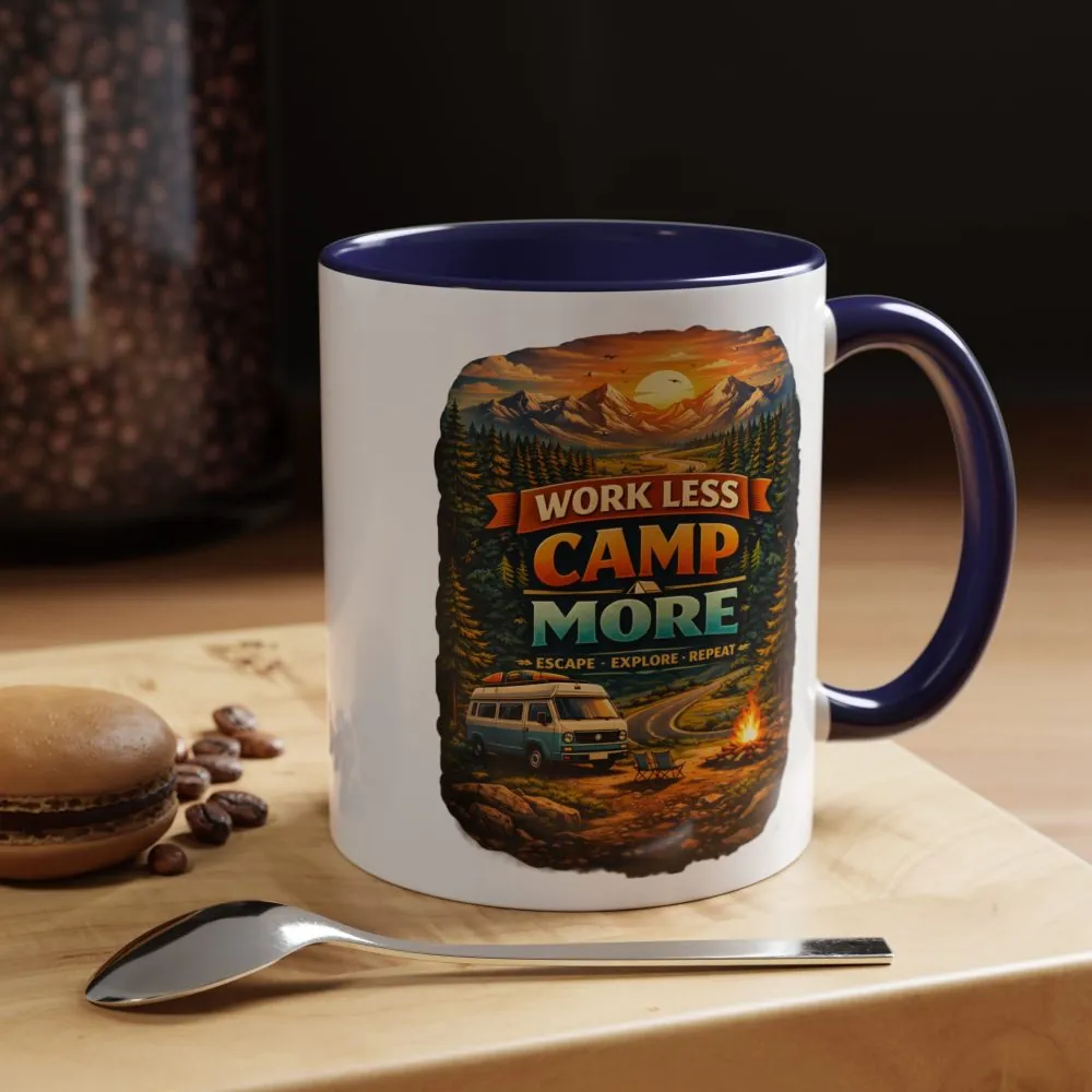 Accent Coffee Mug (11, 15oz) — "Work Less-Camp More" Design Scenic-Line