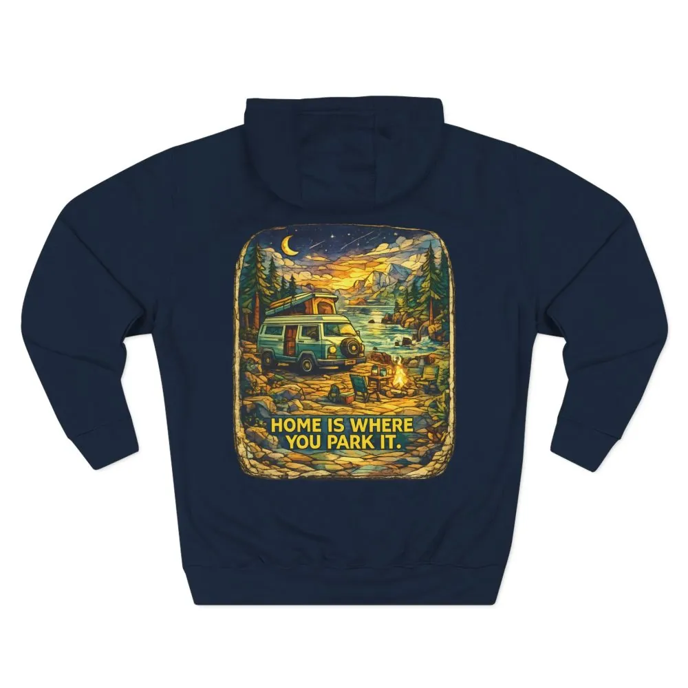 Three-Panel Fleece Hoodie - ""Home Is Where You Park It"" Design Cubic-Line