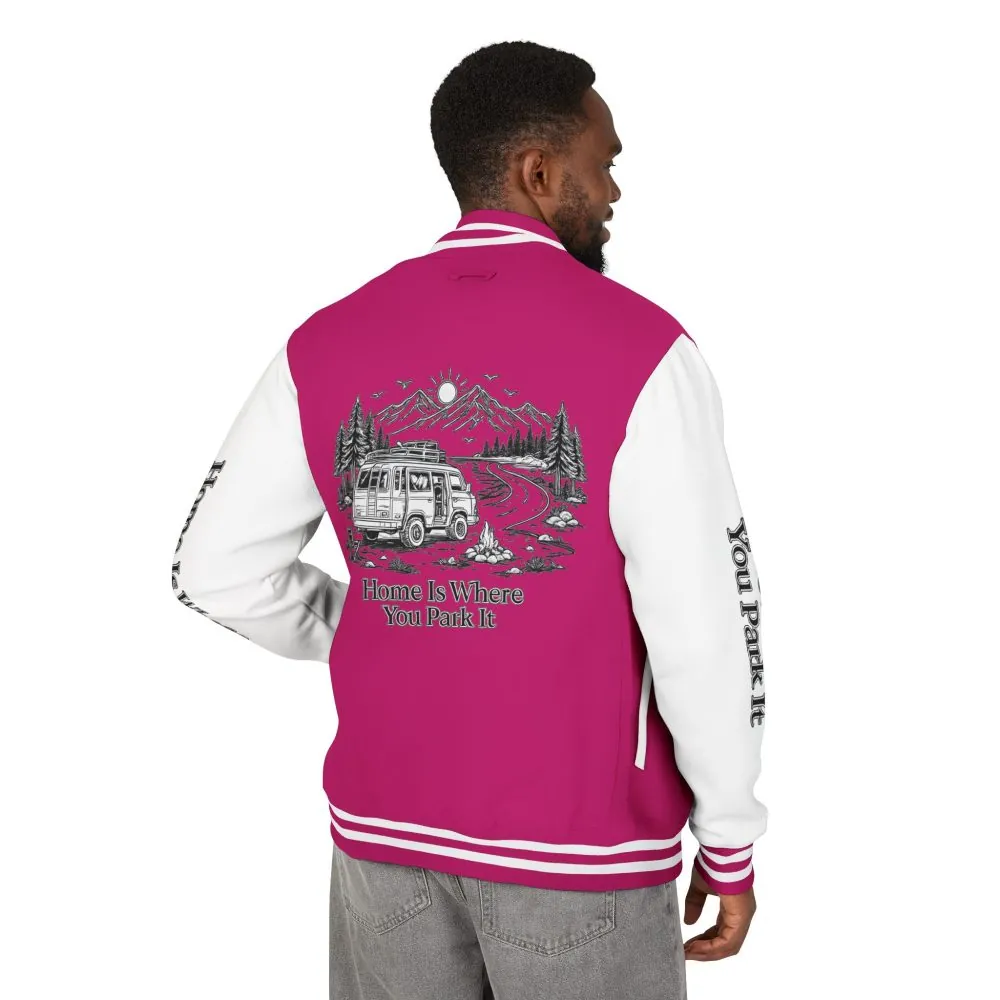 15962279071115437722_2048.jpeg Unisex Heavyweight Letterman Jacket — "Home Is Where You Park It" Travel Varsity Coat