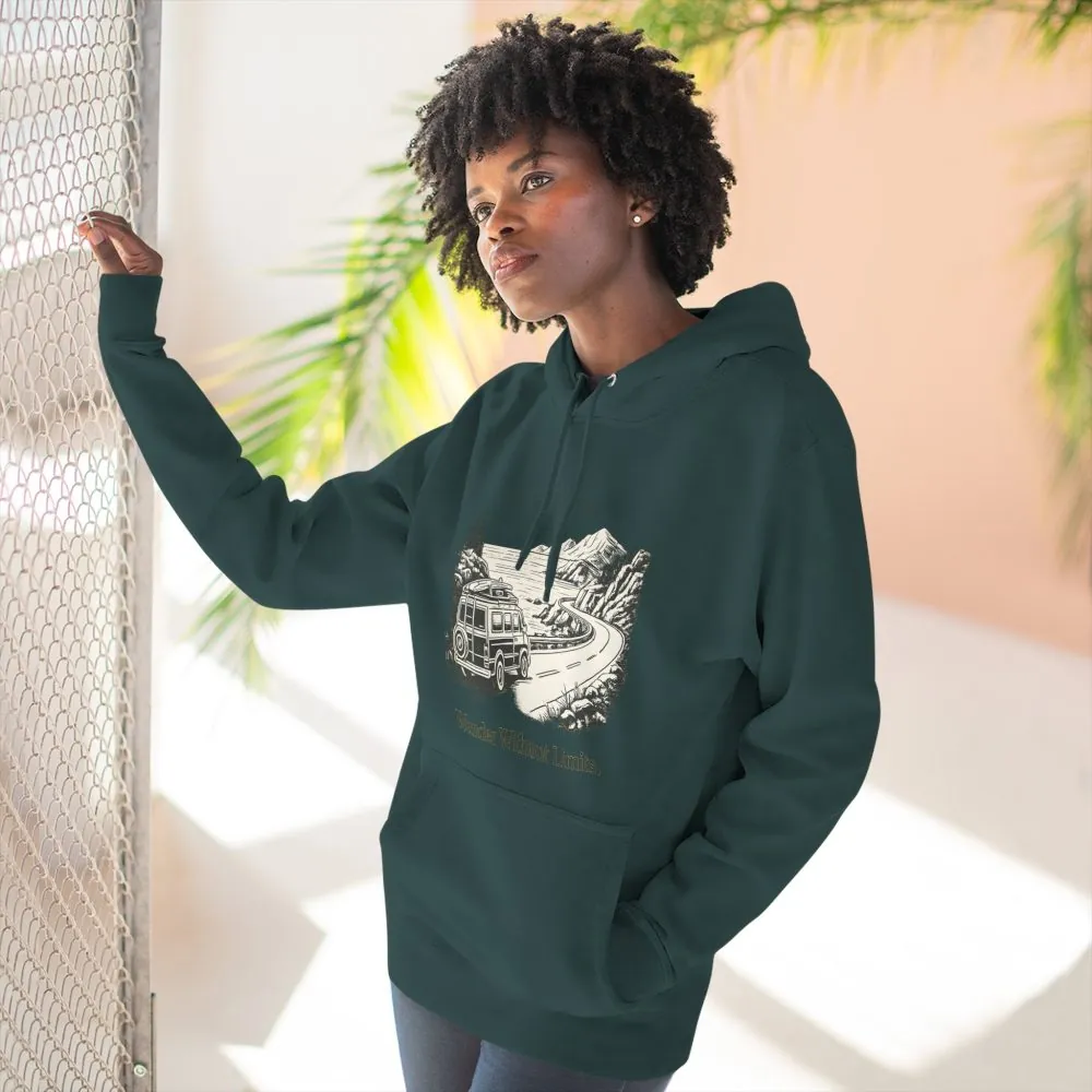 Three-Panel Fleece Hoodie - "Wander Without Limits" Design Minimal-Line