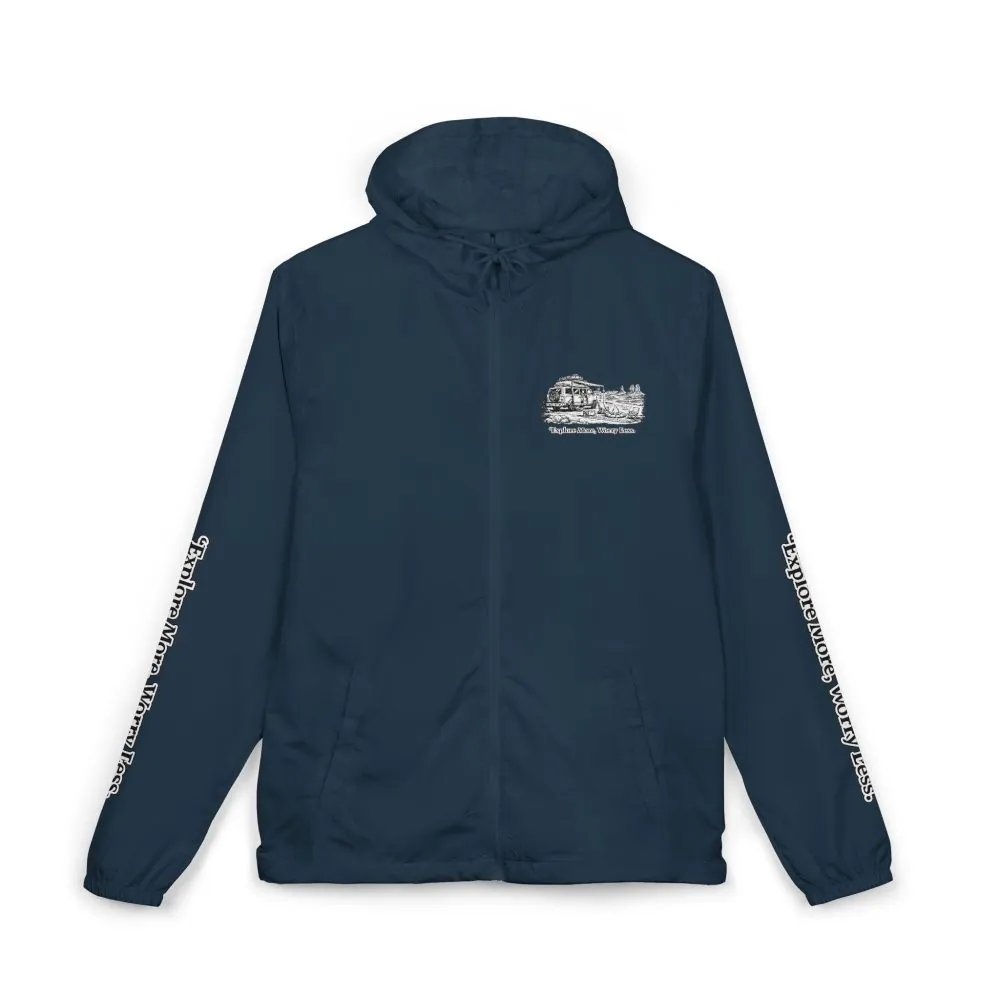 Unisex Full-Zip Windbreaker Jacket — "Explore More, Worry Less" (Design "Minimal-Line")