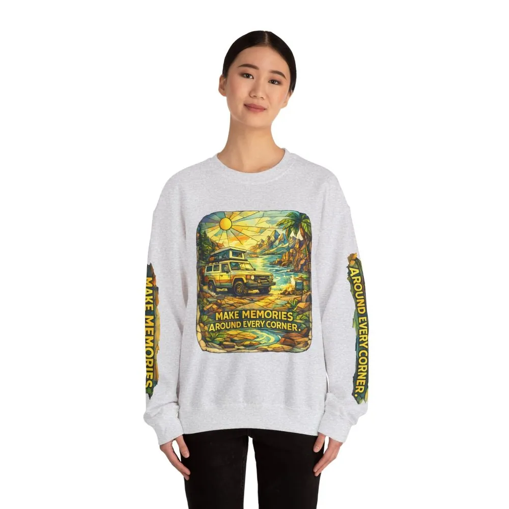 Unisex Heavy Blend™ Crewneck Sweatshirt — "Make Memories Around Every Corner" Design Cubic-Line