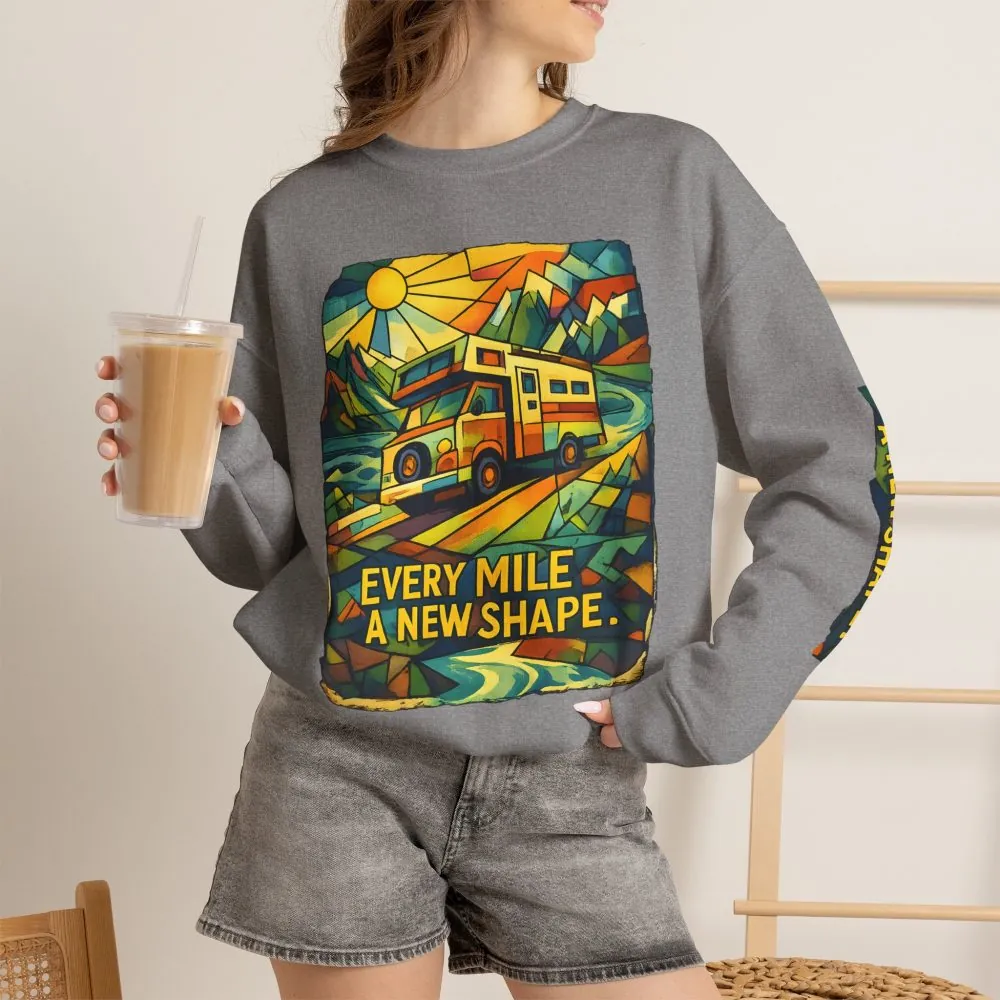 Unisex Heavy Blend™ Crewneck Sweatshirt — "Every Mile A New Shape" Design Cubic-Line