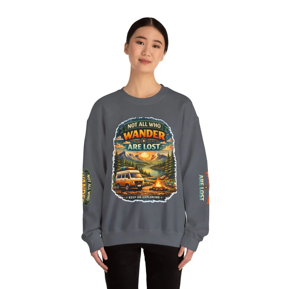 Unisex Heavy Blend™ Crewneck Sweatshirt — "Not All Who Wander Are Lost" Design Scenic-Line