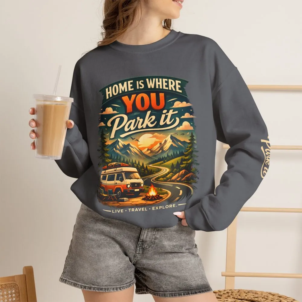 Unisex Heavy Blend™ Crewneck Sweatshirt — "Home Is Where You Park It" Design Scenic-Line