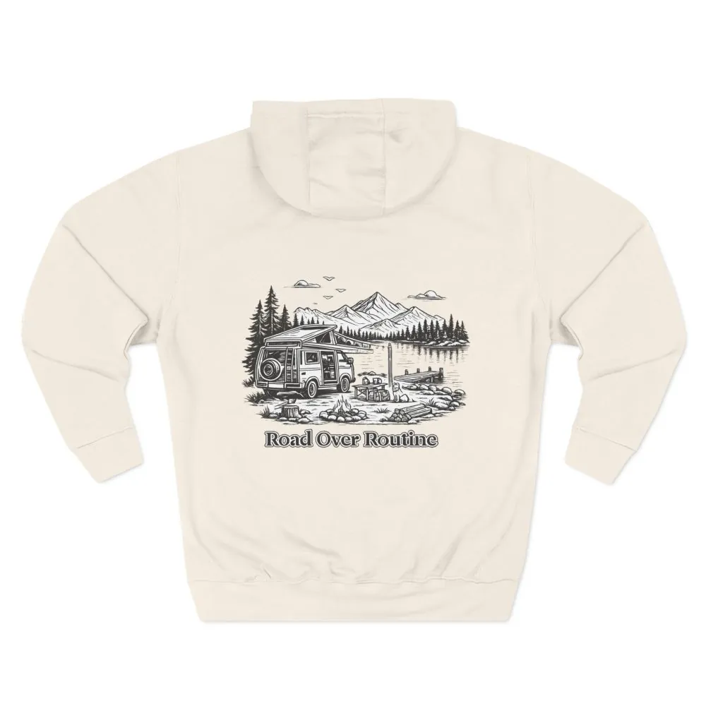 Three-Panel Fleece Hoodie - "Road Over Routine" Design Minimal-Line